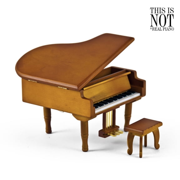 Incredible Wood Tone Miniature Replica Of A Baby Grand Piano With Bench, Music Selection - A Time For Us (Romeo £ Juliet)