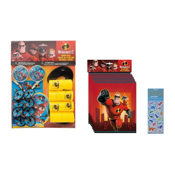 Incredibles Birthday Party Supplies Bundle includes 8 Loot Bags & 48pc Party Favor includes 8 Stickers, 8 Activity Sheets, 8 Masks, 8 Spin Tops, 8 Mini Springs,8 Maze Puzzles