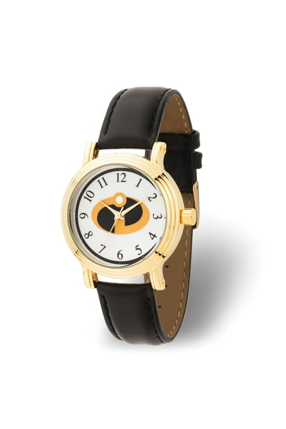 Incredibles Women's Gold Vintage Alloy Watch, Black Leather Strap