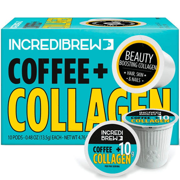 Incredibrew Coffee + Collagen, 10 Grams of Premium Collagen, Keto-Friendly, Organic Medium-Dark Roast, 10ct Pods