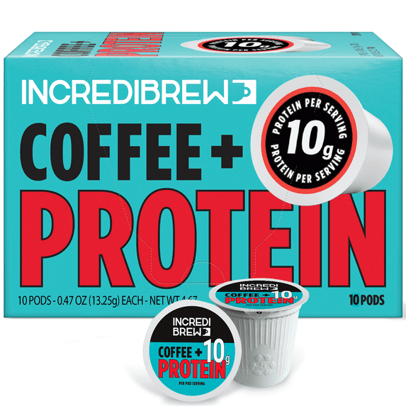 Incredibrew Protein Coffee Pods, 10g Protein, Medium-Dark Roast, Keurig-Compatible, 10 Count