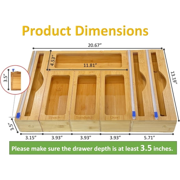 Incredinest Bamboo Drawer Organizer Bag Holder – Modular Design Zip Lock Bag Organizer Plastic Wrap Dispenser with Cutter – Baggie Organizer for Drawer with Single and Double Wrap Dispenser