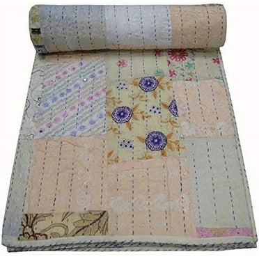IndIan Handmade Assoted White Patchwork Kantha Quilt Green Color Quilt Queen Size Kantha Bedspread Kantha Throw Embrodery Patchqwork Quilt