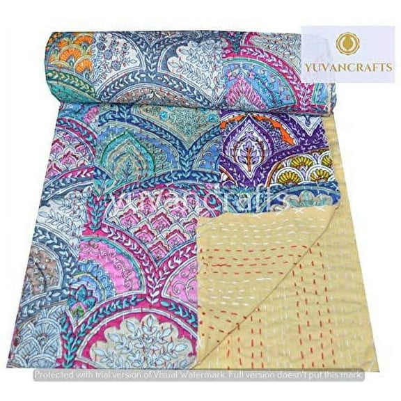 IndIan Handmade Patchwork Kantha Quilt Twin Size Cotton Kantha Bedspread