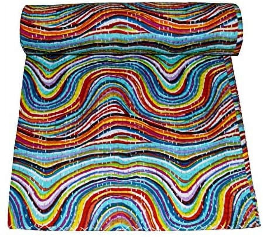 YUVANCRAFTS Indian Handmade Kantha Quilt – Twin Size, Cotton, Bird Print, Vintage Boho Bedspread Or Throw