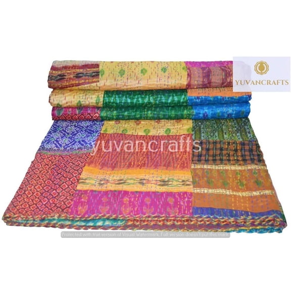 IndIan Handmade Patchwork Kantha Quilt Twin Size Cotton Kantha Bedspread
