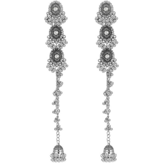 Indain Jhumki Bell Long Chain Tassel Dangle Drop Statement Earrings for Women - Boho Exaggerated Oxidized Ethnic Bollywood Beaded Jhumka Threader Dangling Stud Earring Dainty Crystal Chandelier