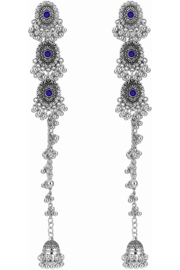 Indain Jhumki Bell Long Chain Tassel Dangle Drop Statement Earrings for Women - Boho Exaggerated Oxidized Ethnic Bollywood Beaded Jhumka Threader Dangling Stud Earring Dainty Crystal Chandelier