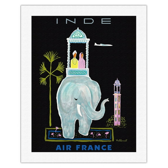 Inde (India) - Indian Elephant with Howdah (Carriage) - France - Vintage Airline Travel Poster by Bernard Villemot c.1956 - Fine Art Rolled Canvas Print 20in x 26in