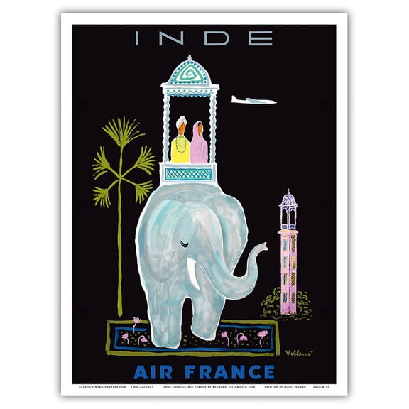 Inde (India) - Indian Elephant with Howdah (Carriage) - France - Vintage Airline Travel Poster by Bernard Villemot c.1956 - Master Art Print (Unframed) 9in x 12in