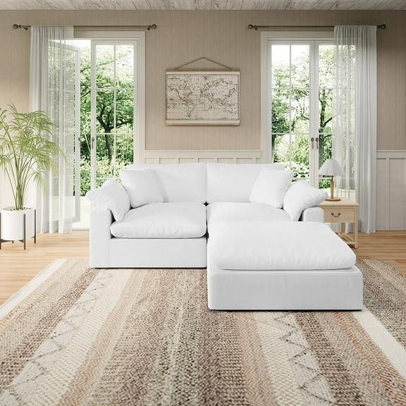 Indecor Home Modern Linen Blend Fabric Cloud Sofa Loveseat with Ottoman Convertible Sectional Sofa for Living Room White
