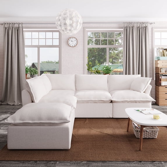 Indecor Home Sectional Couches Open end 5 Seater Convertible Down Filled Comfy Sofas for Living Room White