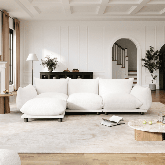 Indecor Home Upholstery Sectional Sofa 3 Seater with Ottoman Sofa Sectional Couches for Living Room White