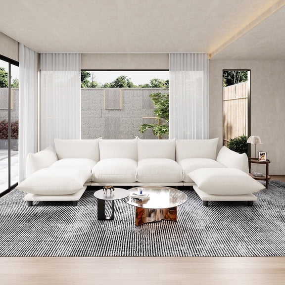Indecor Home Upholstery Sectional Sofa U Shaped 4 Seater with 2 Ottomans Sectional Couches for Living Room White