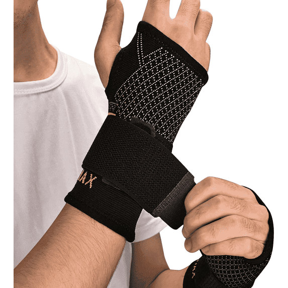 Indeemax Copper Wrist Compression Sleeve 1 Pair, Comfortable Hand Brace Support with Strap for Arthritis, Tendonitis, Sprains, Workout, Carpal Tunnel - Left & Right - Women and Men
