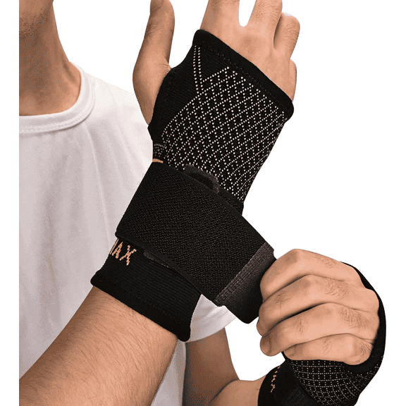 Indeemax Copper Wrist Compression Sleeve 1 Pair, Comfortable Hand Brace Support with Strap for Arthritis, Tendonitis, Sprains, Workout, Carpal Tunnel - Left & Right - Women and Men