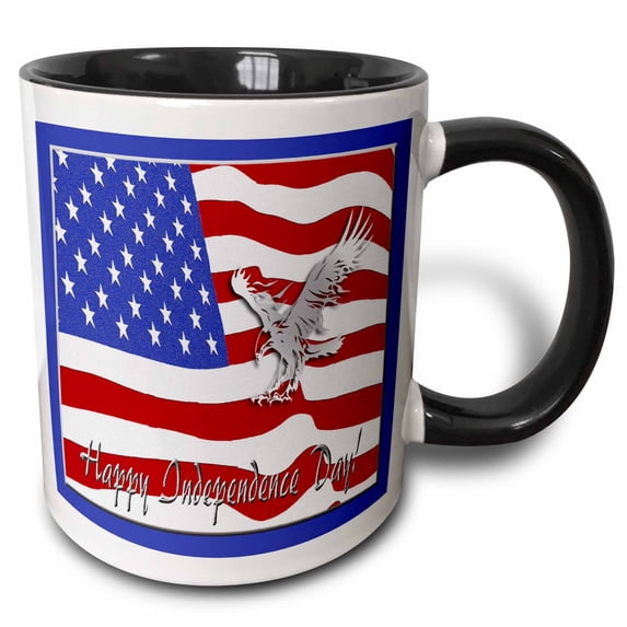 3drose, Indenpence Day, American Flag and Silver Eagle Flying, 11oz Two-tone Black Mug