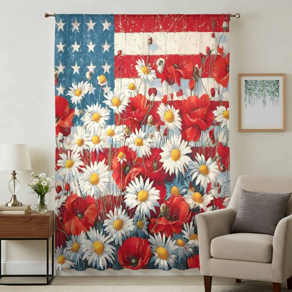 Indenpendence Day Sheer Curtains 45 Inches Long for Bedroom, 4th of July Red Blue American Flag Light Filtering Privacy Drapes, Breathable Semi Sheer Short Window Treatment for Kitchen Cafe Bathroom