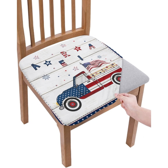 Independence American Flag Truck with Wooden Stripes Chair Seat Covers for Dining Room Stretch Chair Seat Covers Set of 4,Blue Red Checker Buffalo Chair Seat Protector Cushion Slipcovers for Kitchen