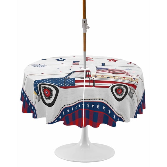 Independence American Flag Truck with Wooden Stripes Round Outdoor Tablecloth,Waterproof Table Cloth Cover with Umbrella Hole and Zipper,Blue Red Checker Buffalo Table Protector for Party 54" Round