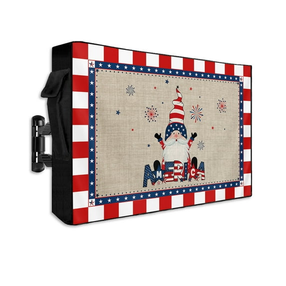 Independence Celebration Burlap Outdoor TV Cover 52 to 55 Inch Waterproof, Flag Day Buffalo Red White Lace 600D Oxford TV Covers with Zipper, Outside Flat TV Screen Protector 52"Wx19"Hx4.5"D