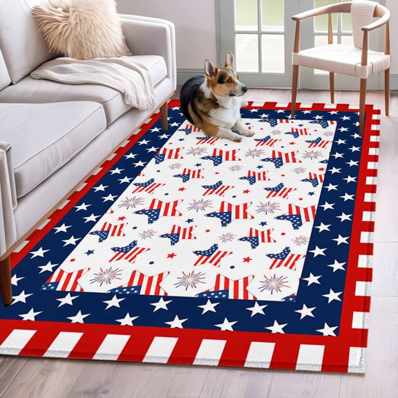 Independence Day 2.7x5 Rug for Office Desk Chair Area Small Bedroom, U.S. Flag Themed Cartoon Five-Pointed Star Washable Non Slip Rectangle Area Rug