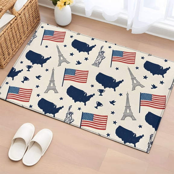 Independence Day 2'x3' Rug for Entryway Front Door Kitchen Sink Area, Americana Flag USA Map Statue of Liberty Low Pile Washable Non Slip Rectangle Area Rug