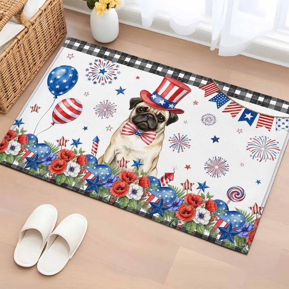 Independence Day 2'x3' Rug for Entryway Front Door Kitchen Sink Area, Cartoon Pug Dog Cute Puppy Red Blue Flower Low Pile Washable Non Slip Rectangle Area Rug