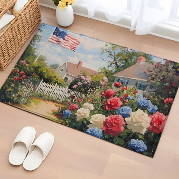 Independence Day 2'x3' Rug for Entryway Front Door Kitchen Sink Area, Cottage Garden Path Fence Farmhouse Low Pile Washable Non Slip Rectangle Area Rug