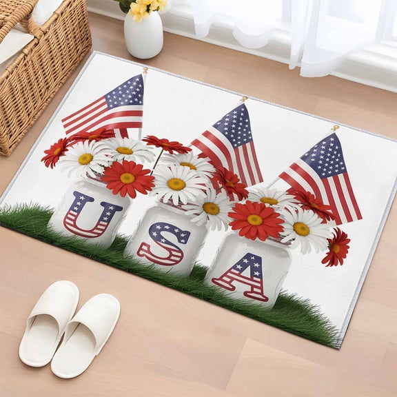 Independence Day 2'x3' Rug for Entryway Front Door Kitchen Sink Area, Five-Pointed Star U.S. Flag Themed Floral Low Pile Washable Non Slip Rectangle Area Rug