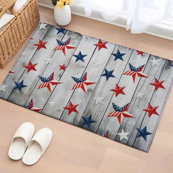 Independence Day 2'x3' Rug for Entryway Front Door Kitchen Sink Area, Red Blue White USA Flag Stars Wood Grain Low Pile Washable Non Slip Rectangle Area Rug