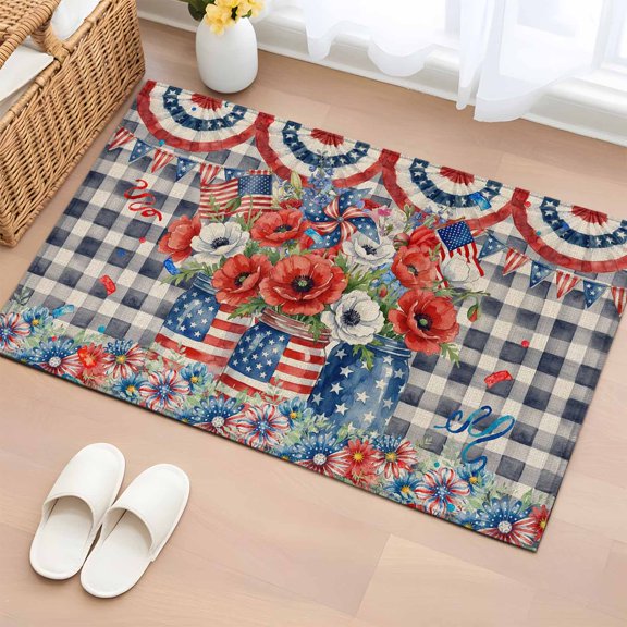 Independence Day 2'x3' Rug for Entryway Front Door Kitchen Sink Area, U. S. Flag Red White Poppy Flowers Black Plaid Low Pile Washable Non Slip Rectangle Area Rug