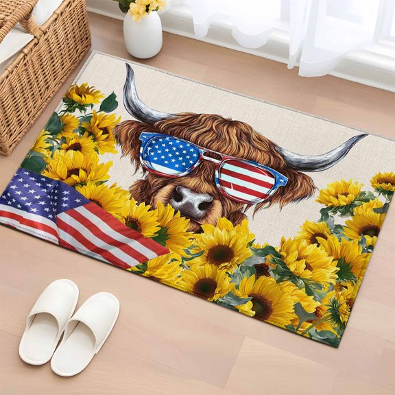 Independence Day 2'x3' Rug for Entryway Front Door Kitchen Sink Area, U.S. Flag Themed Farm Cow Sunflower Linen Texture Low Pile Washable Non Slip Rectangle Area Rug