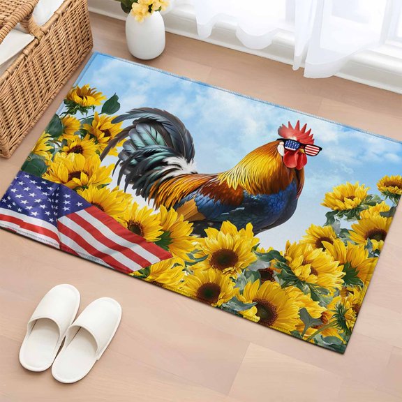 Independence Day 2'x3' Rug for Entryway Front Door Kitchen Sink Area, U.S. Flag Themed Farm Rooster Summer Sunflower Low Pile Washable Non Slip Rectangle Area Rug