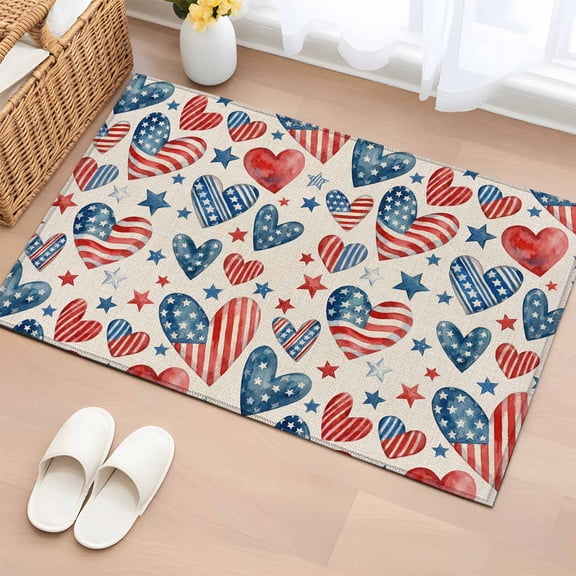 Independence Day 2'x3' Rug for Entryway Front Door Kitchen Sink Area, U. S. Flag Themed Love Heart Five-Pointed Stars Retro Low Pile Washable Non Slip Rectangle Area Rug
