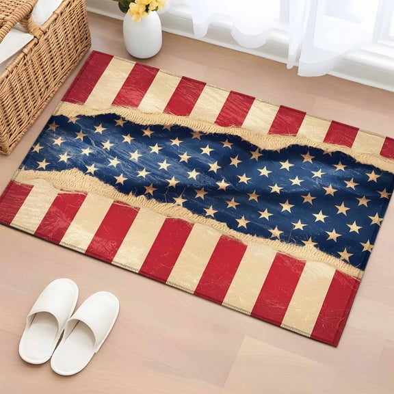 Independence Day 2'x3' Rug for Entryway Front Door Kitchen Sink Area, Stars And Stripes USA Flag Low Pile Washable Non Slip Rectangle Area Rug