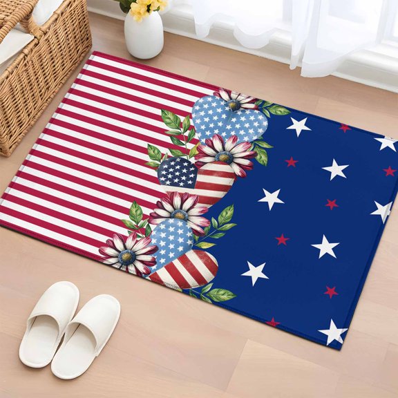 Independence Day 2'x3' Rug for Entryway Front Door Kitchen Sink Area, Stripes Stars Love Daisy Low Pile Washable Non Slip Rectangle Area Rug