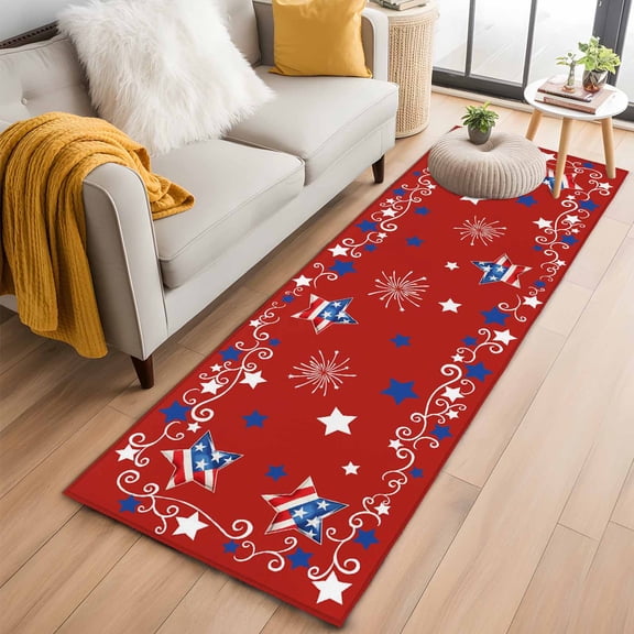 Independence Day 2'x6' Runner Rug for Hallway Walkway Kitchen Galley, Fourth of July Red Patriotic Stars Firework Low Pile Washable Non Slip Long Area Rug