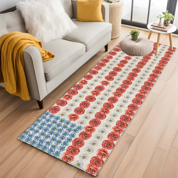 Independence Day 2'x6' Runner Rugs for Hallway Kitchen Bedside Non Slip Washable, American Flag Red Blue White Flowers Entryway Rug Runners with Rubber Backing, Long Carpet Runner for Laundry Room