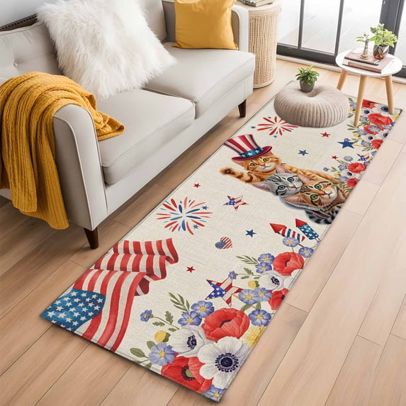 Independence Day 2'x6' Runner Rugs for Hallway Kitchen Bedside Non Slip Washable, Cat Patriotic Flag Firework Flowers Entryway Rug Runners with Rubber Backing, Long Carpet Runner for Laundry Room
