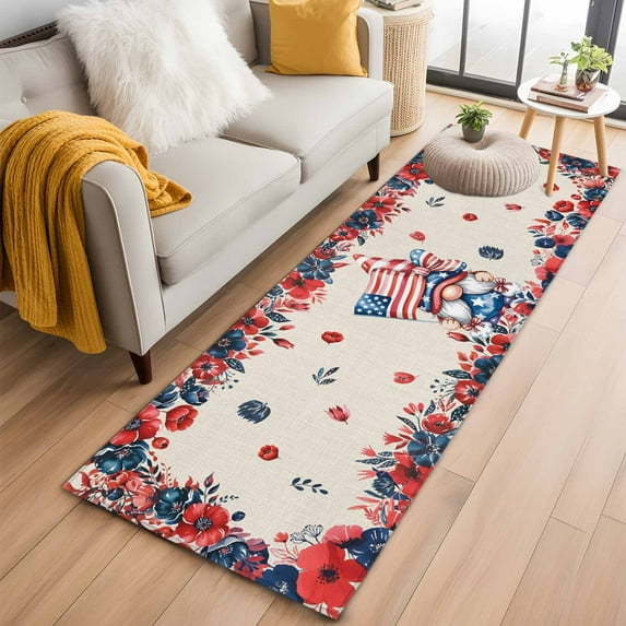 Independence Day 2'x6' Runner Rugs for Hallway Kitchen Bedside Non Slip Washable, Patriotic Gnomes USA Flag Flowers Retro Entryway Rug Runners with Rubber Backing, Long Carpet Runner for Laundry Room