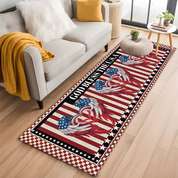 Independence Day 2'x6' Runner Rugs for Hallway Kitchen Bedside Non Slip Washable, Red Blue U.S Flag Wings Stripes Plaid Entryway Rug Runners with Rubber Backing, Long Carpet Runner for Laundry Room