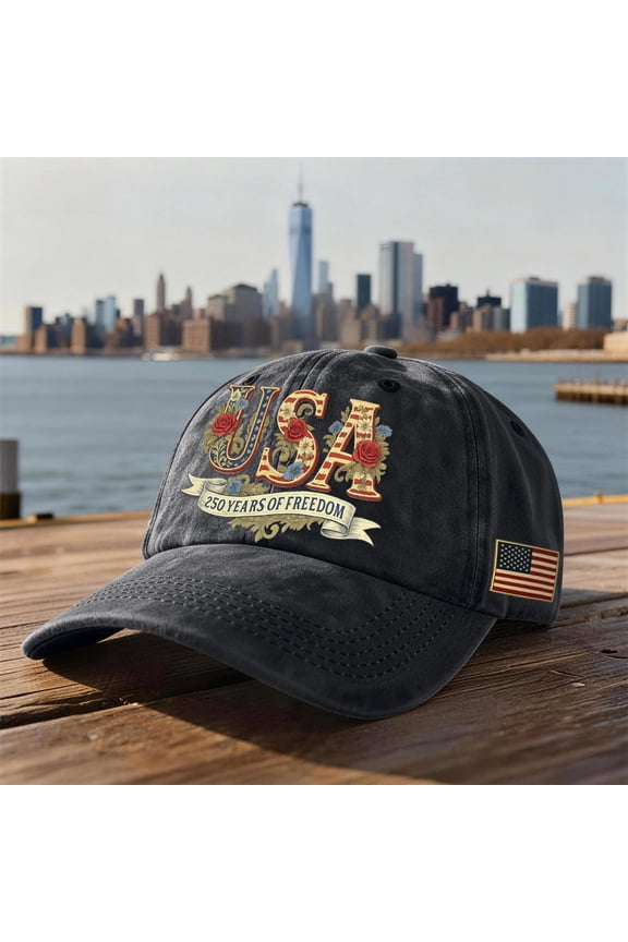Independence Day 250th Anniversary Baseball Cap, 250 Years of Freedom Distressed Washed Hat, United States 1776-2026 Commemorative Patriotic Gear #0453 Black