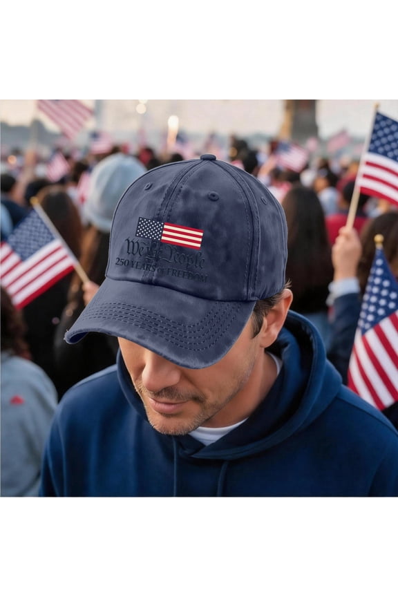 Independence Day 250th Anniversary Patriotic Slogan Distressed Baseball Cap, Vintage American Flag Printed Cotton Hat for Adult Men and Women (We the People) Character Printed #0504 Navy