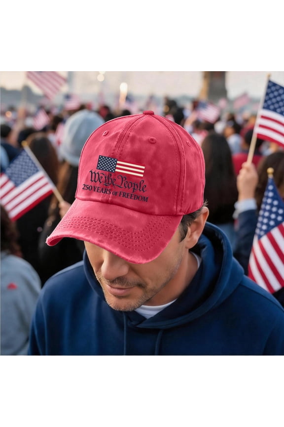 Independence Day 250th Anniversary Patriotic Slogan Distressed Baseball Cap, Vintage American Flag Printed Cotton Hat for Adult Men and Women (We the People) Character Printed #0503 Red