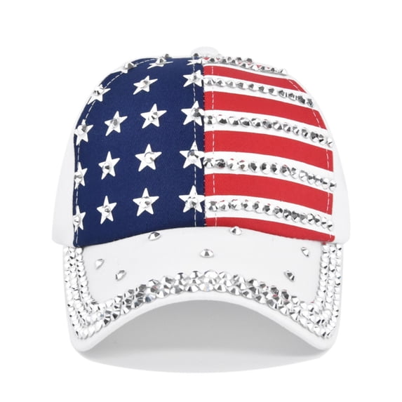 Independence Day 250th Anniversary Rhinestone Baseball Cap, Sparkling Patriotic Sun Hat for Adults, Bling July 4th Celebration Headwear with Adjuster #0043 White