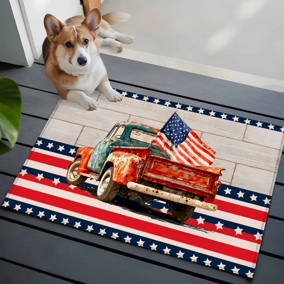 Independence Day 2x3 Area Rugs for Living Room, Five-Pointed Star Frame U. S. Flag Retro Truck Non Slip Floor Mat Washable Low-Profile Indoor Carpet for Bedroom, Dining Room, Bathroom