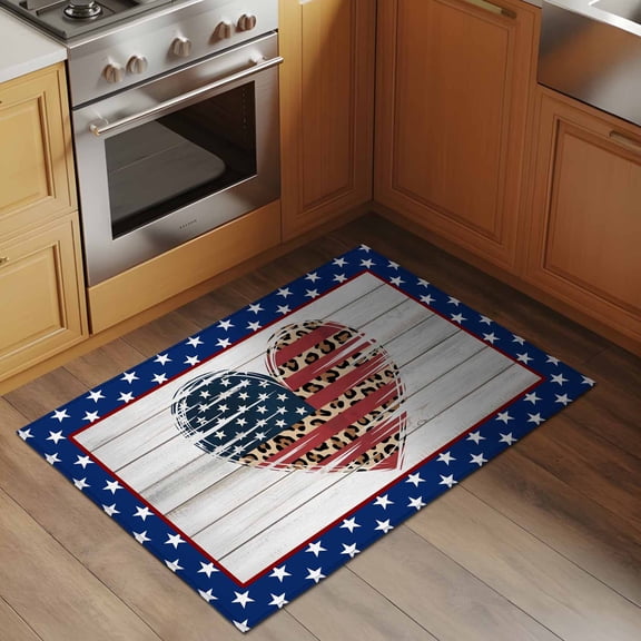 Independence Day 2x3 Rug for Entryway Front Door Kitchen Sink Area, Love White Wood Grain Star Leopard Print Low Pile Washable Non Slip Rectangle Area Rug