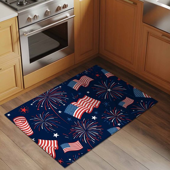 Independence Day 2x3 Rug for Entryway Front Door Kitchen Sink Area, Red Blue U.S. Flag Star Celebration Firework Low Pile Washable Non Slip Rectangle Area Rug