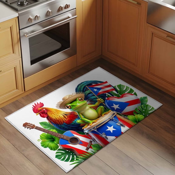 Independence Day 2x3 Rug for Entryway Front Door Kitchen Sink Area, U. S. Flag Themed Cartoon Frog Rooster Durm Guitar Low Pile Washable Non Slip Rectangle Area Rug